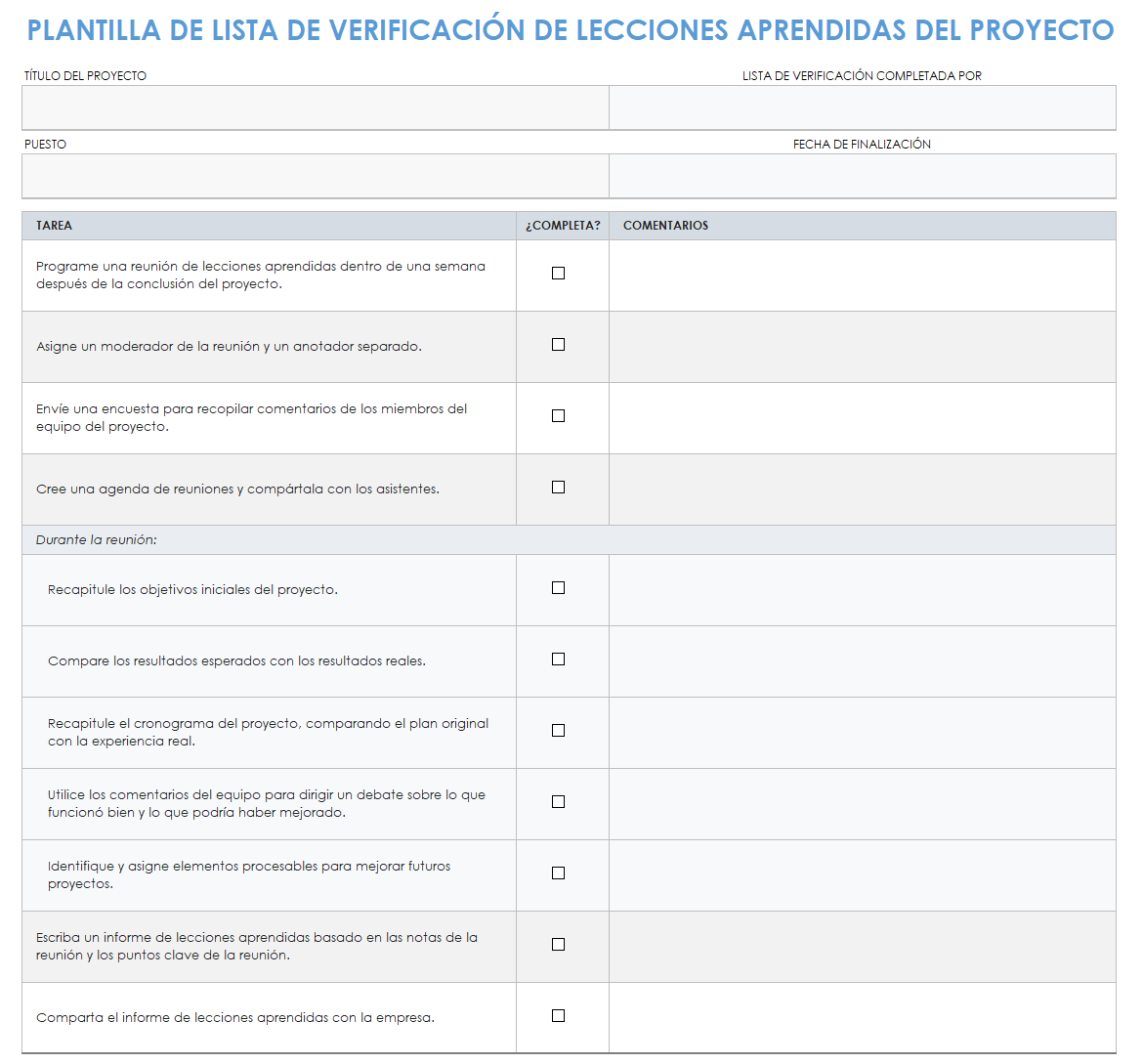 Lista de verificación de lecciones aprendidas del proyecto