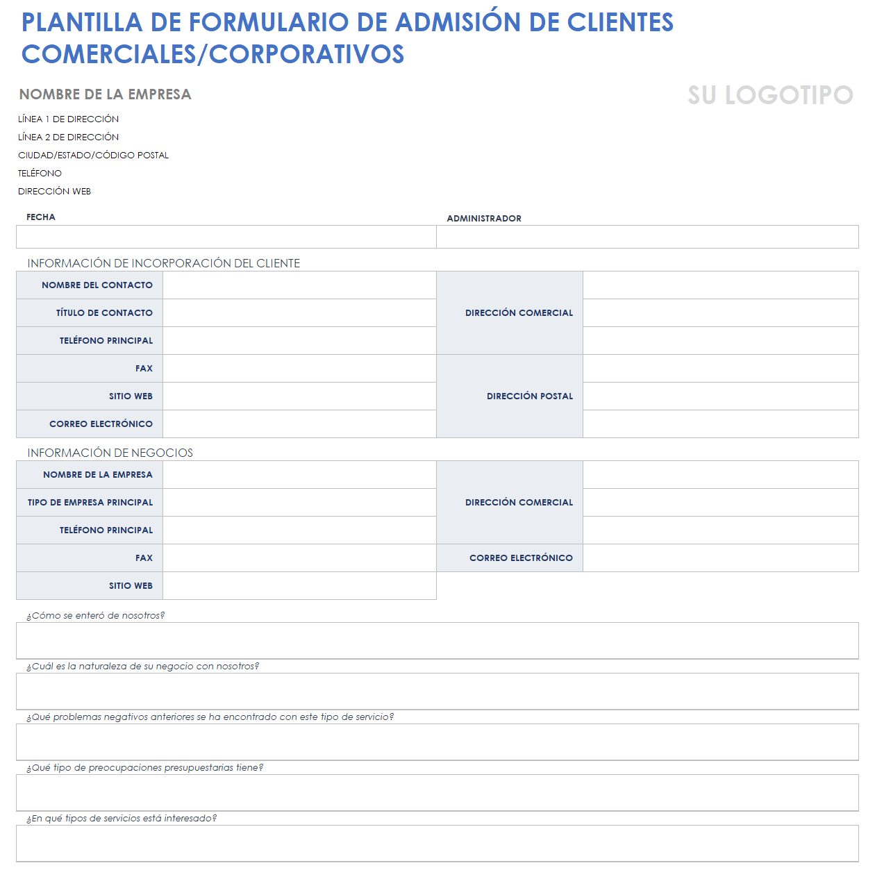 Formulario de admisión de clientes corporativos empresariales.