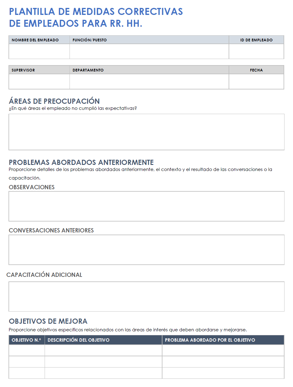 Plantilla de plan de acciones correctivas para empleados para RR.HH.