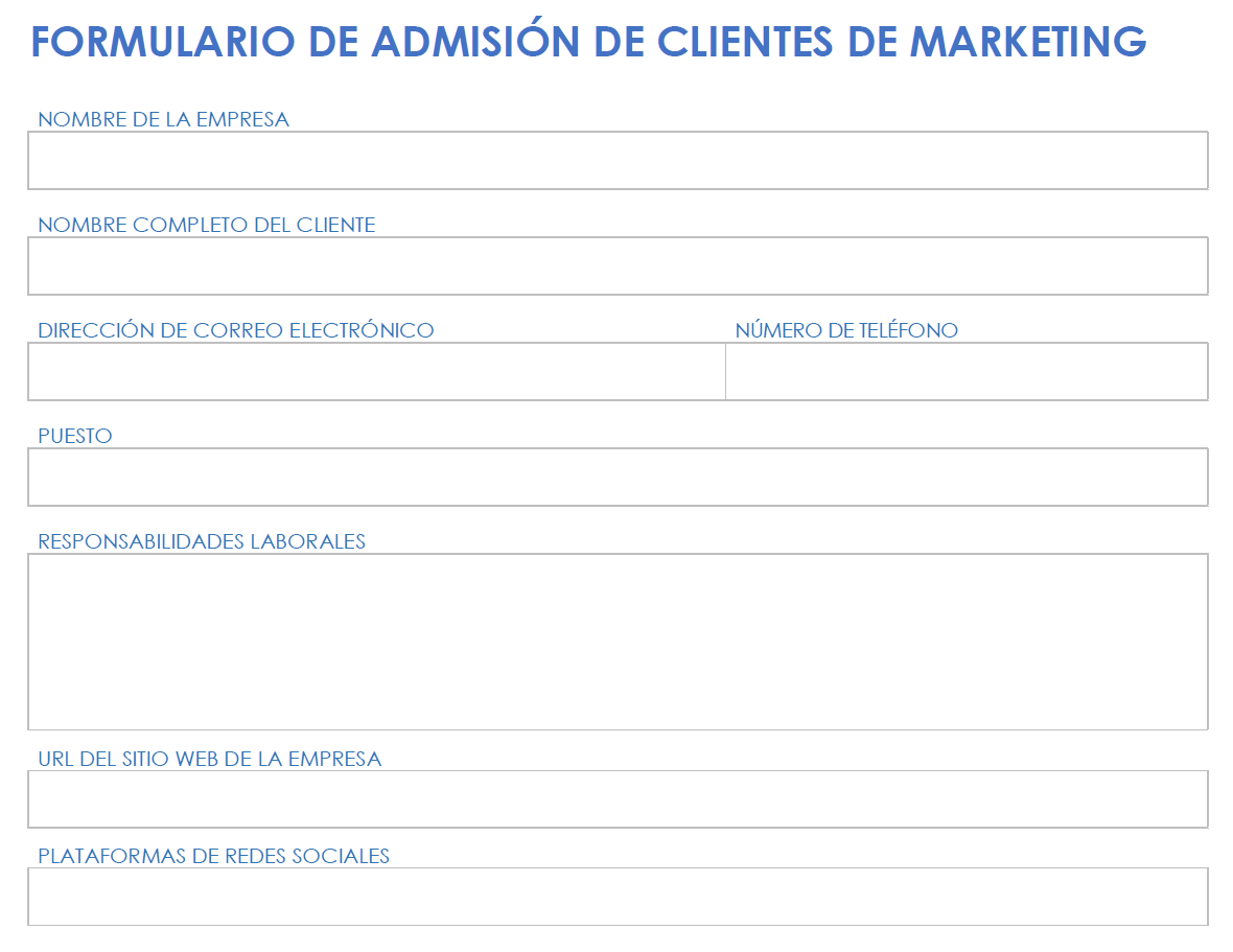 Formulario de admisión de clientes de marketing