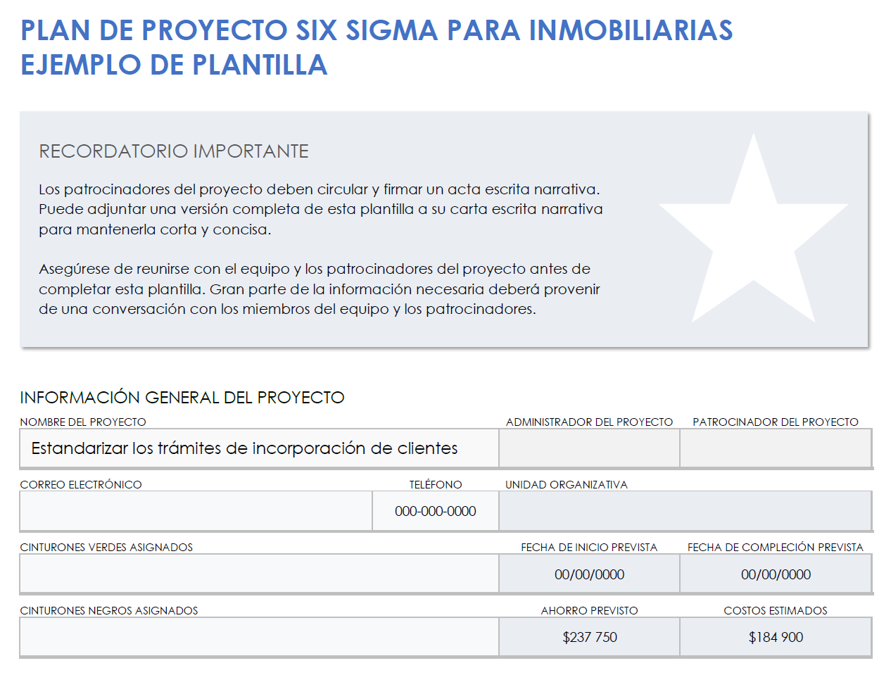 Ejemplo de carta de proyecto inmobiliario six sigma