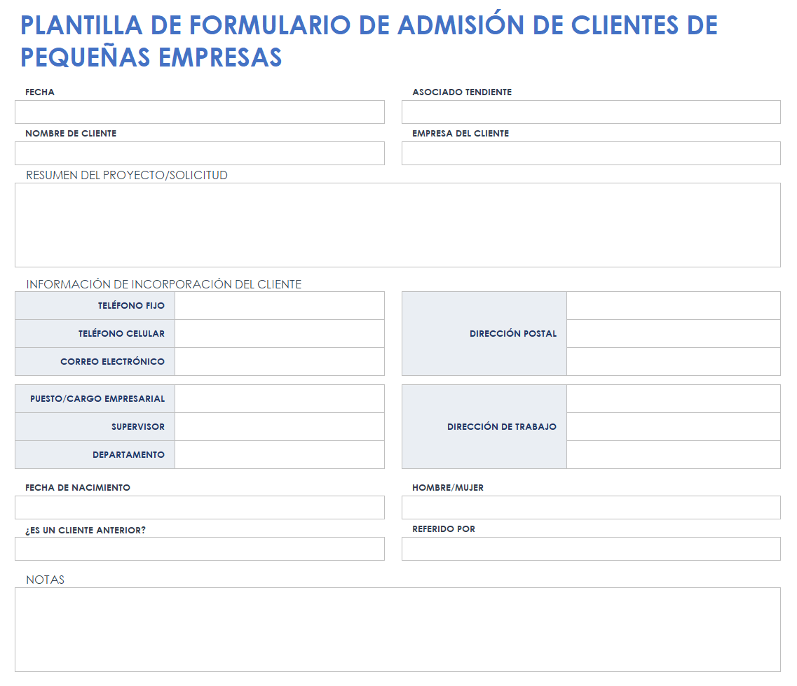 Formulario de admisión de clientes de pequeñas empresas