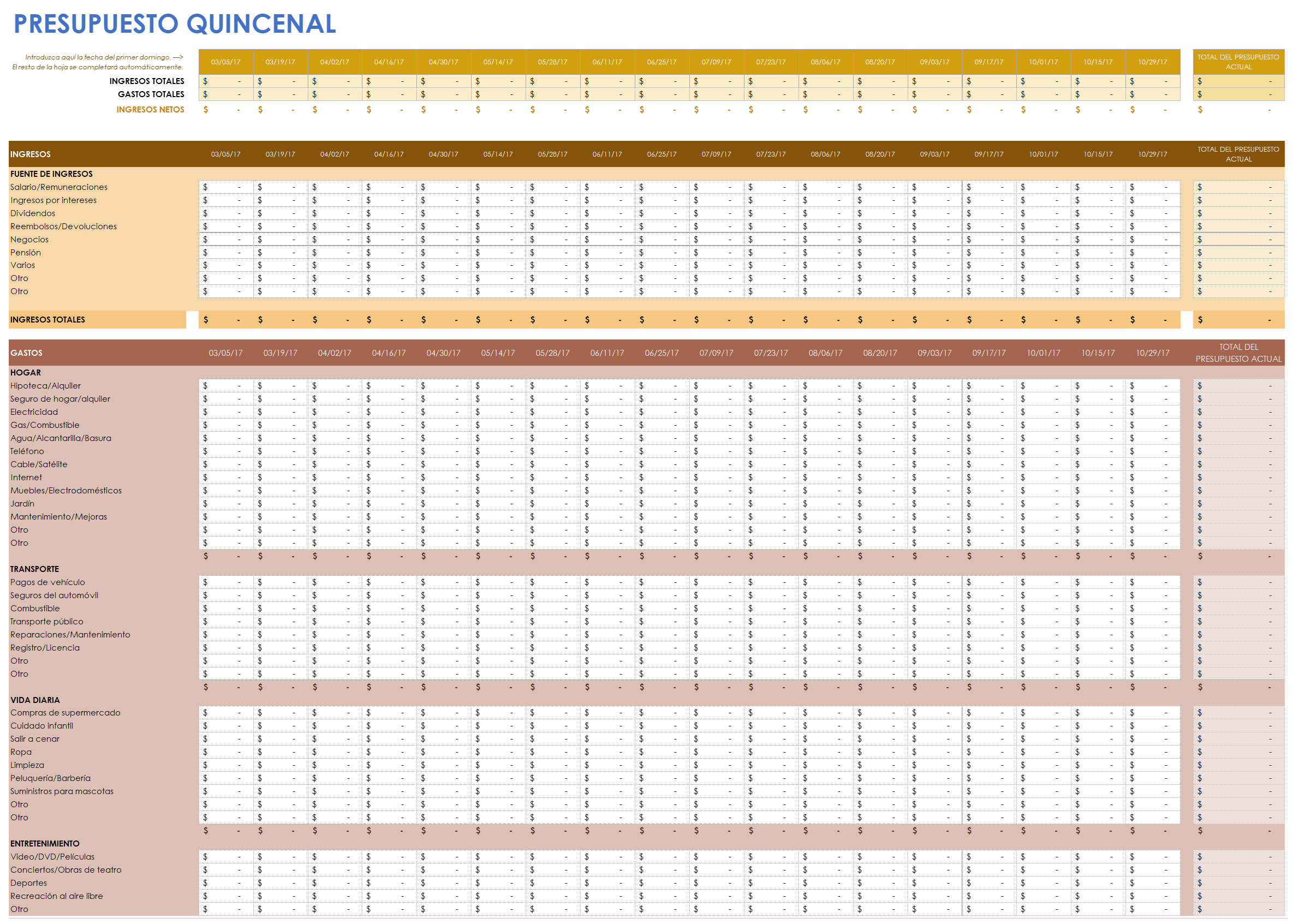  Plantilla de hoja de cálculo de presupuesto quincenal
