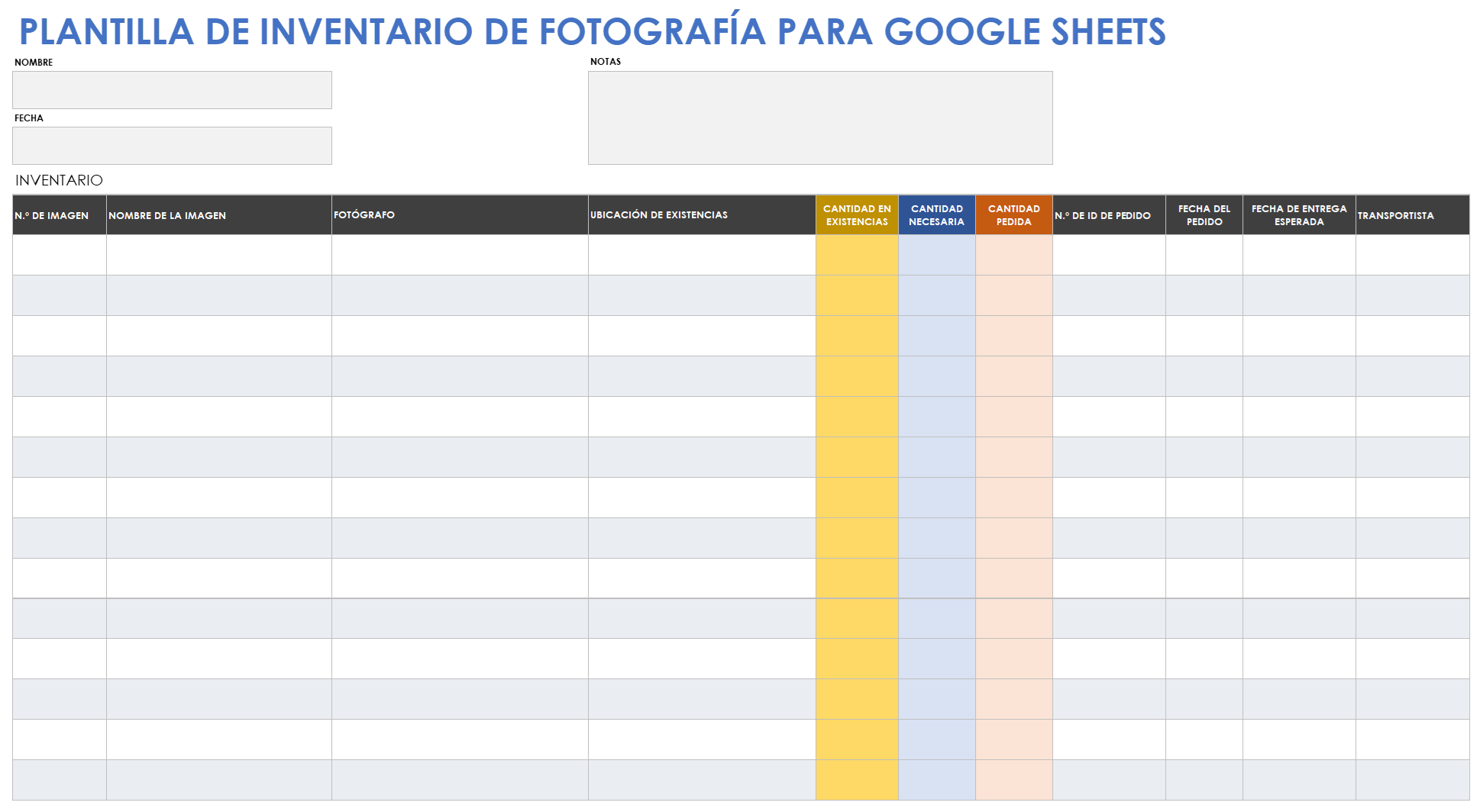  Plantilla de inventario de fotografías de Google Sheets