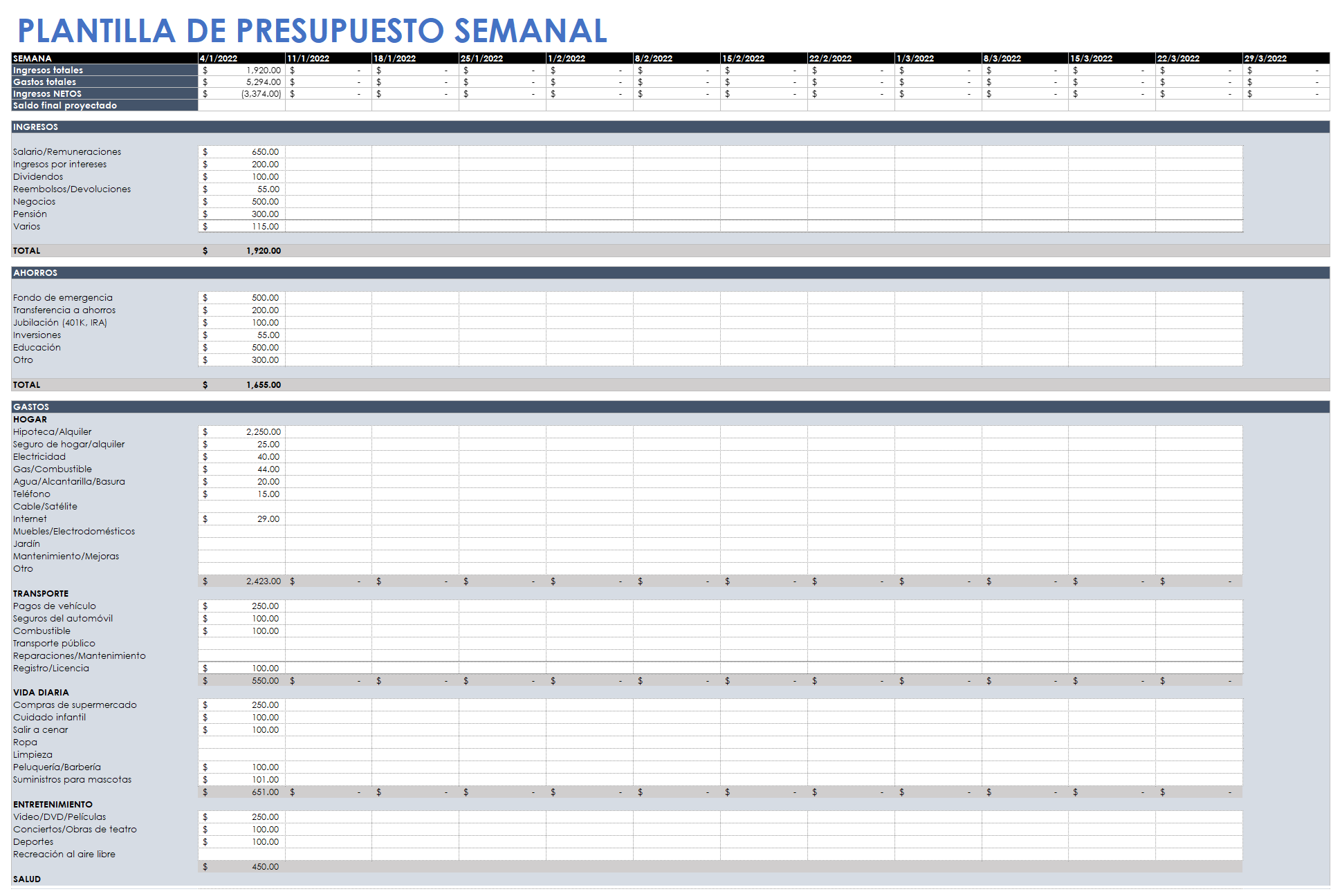  Plantilla de presupuesto semanal