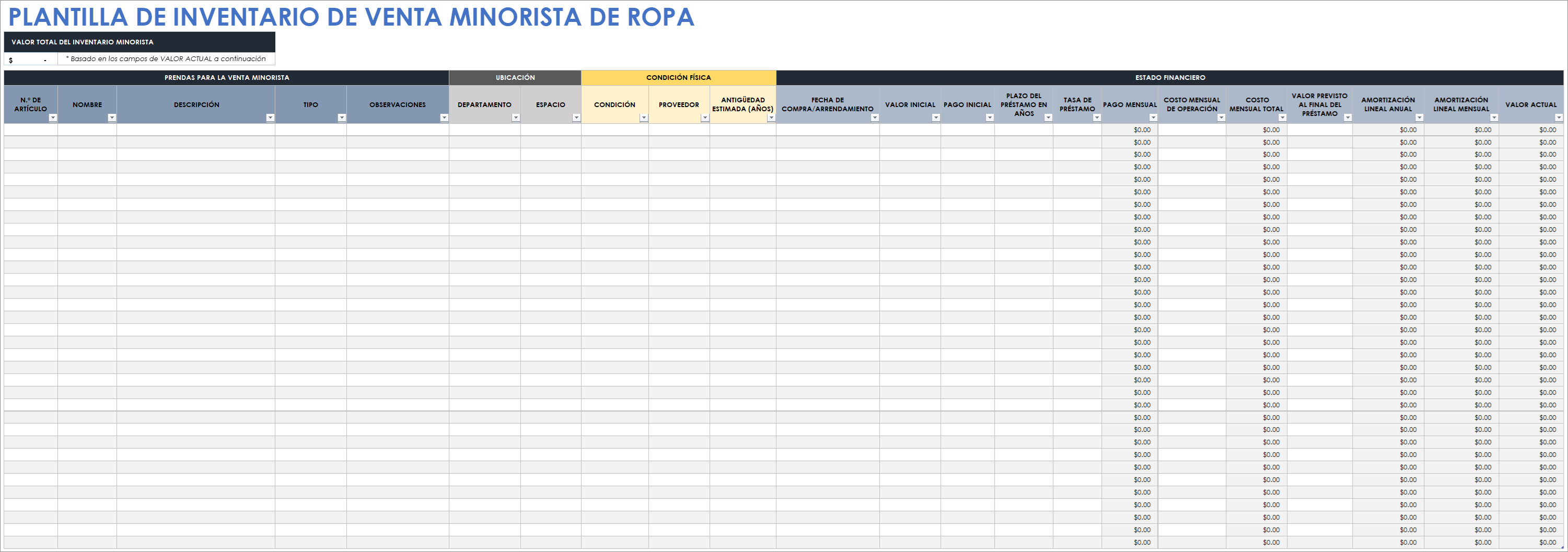  Plantilla de inventario de ropa al por menor