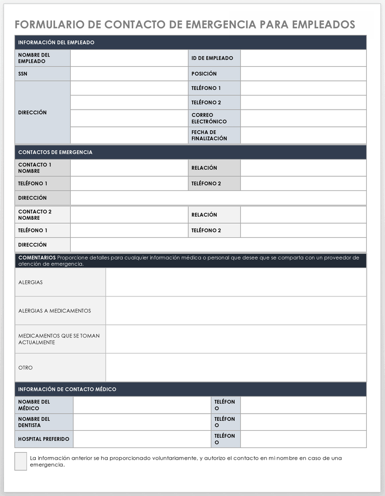 Formulario de Contacto de Emergencia Para Empleados