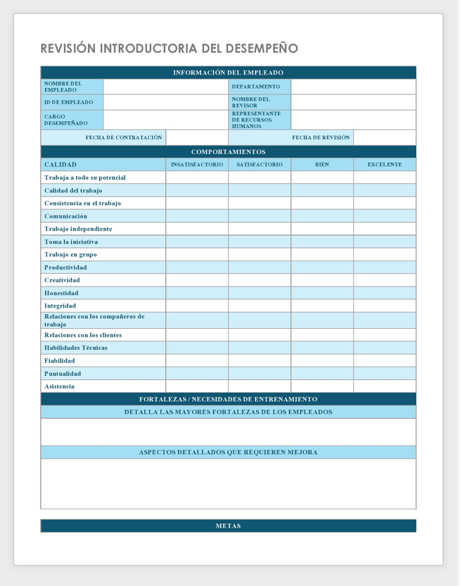 Plantilla de revisión de desempeño introductoria