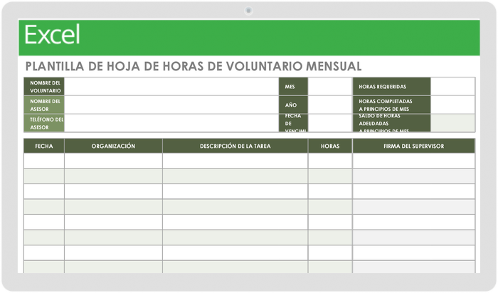 Plantilla de Hoja de Tiempo Mensual Para Voluntarios