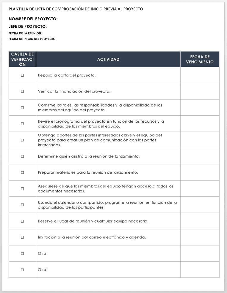 Plantilla de lista de verificación previa al inicio del proyecto