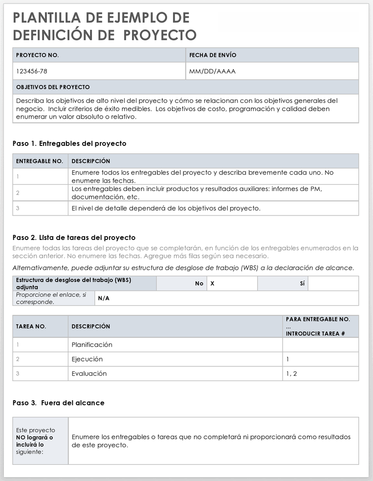 Ejemplo de definición de proyecto