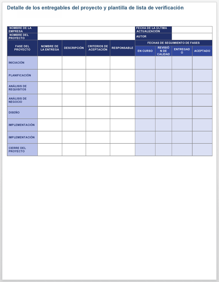 PLANTILLA DE LISTA DE VERIFICACIÓN DETALLADA DE LOS ENTREGABLES DEL PROYECTO