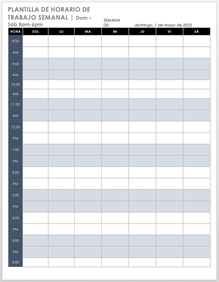 PLANTILLA DE HORARIO SEMANAL DOM-SAB 8-6PM